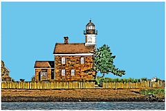 Sheffield Island Lighthouse Made of  Stone in Connecticut - Illus.